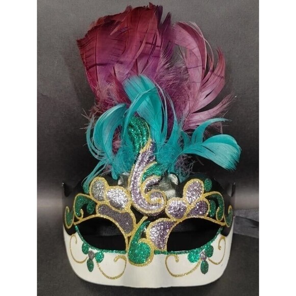 Mardi Gras Multicolor Masquerade Costume Mask with Feathers Glitter Moda Italy - Picture 1 of 3